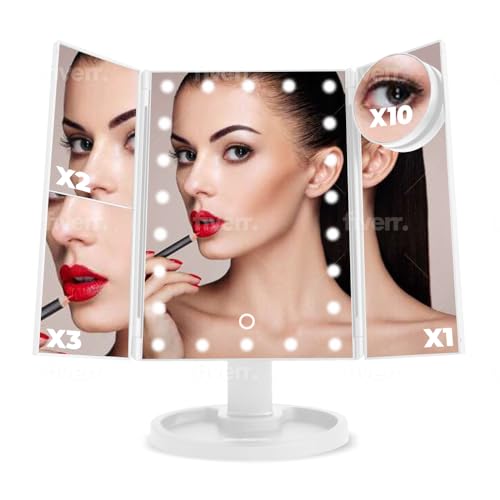 Espejo Maquillaje Con Luz Led | Con 22 Luces y Aumento x1 x2 x3 y x10 |Triple Pliegue y Pantalla Táctil | Con Batería O Cable Usb Incluido | Regalo Ideal Para Tocador Mujer y Hombre. Color Blanco.