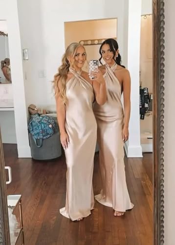 RYANTH Satin Mermaid Bridesmaid Dresses for Women Halter Long Prom Dress 2025 Ruched Formal Evening Gowns3