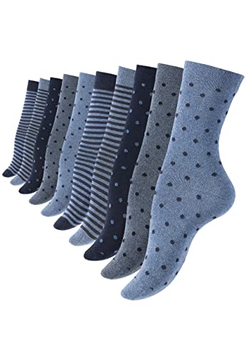 Vincent Creation 10 Paar Süsse Damensocken & Mädchensocken Dots and Stripes Baumwolle - gepunktet und geringelt (35/38 jeansblau)