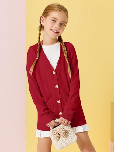 Image of Girls Cardigans Kids Fashion Open Front Long Sleeve Knit Sweaters Outerwear with Pockets 5-14 Years