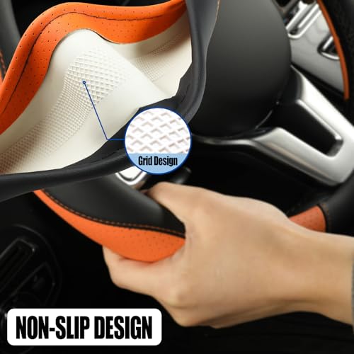 Binsheo Leather Steering Wheel Cover, Breathable, Anti Slip & Odor Free, Black and Orange