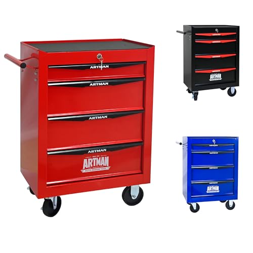 ELIHGTBY Werkzeugwagen mit 4 Schubladen auf Rollen, Mobiler Werkstattwagen leer, Zentral Abschließbarer Werkzeugschrank für Werkstatt & Garage, Profi Stahl-Design in Rot&Schwarz