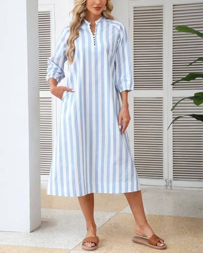 Image of YEXPINE Women Summer Striped Button Down Long Maxi Dress Loose Fit 3 /4 Sleeve Cotton Caftan Shirt Dress with Pocket