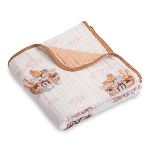 Image of LollyBanks Muslin Baby Blanket 100% Organic Cotton, Muslin Quilt Lightweight, 6 Layers Baby Blankets 47"x 47", Toddler Blanket for Boy and Girl, Nursery Receiving Blankets (Noah's Ark Pattern)