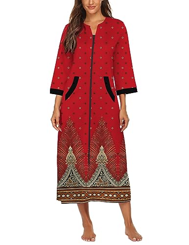 Image of Ekouaer Women Zipper Robe 3 /4 Sleeves Loungewear Dress Full Length Sleepwear Pockets Housecoat Nightgown Long Bathrobe