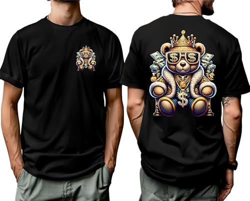 Printshirts King Teddy Bear T-Shirt – Funny Gangsta Money Graphic Tee – Hip Hop Streetwear Plush Toy Design with Crown – Cool Urban Style Shirt (UK, Alpha, S, Regular, Regular, Black)