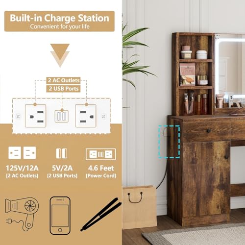 GAOMON Vanity Desk with Mirror and Lights, Makeup Vanity with 2 Drawers & 2 Shelves & One Door, 3 Lighting Modes Adjustable Brightness, Bedroom Dressing Table, Brown