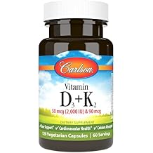 Carlson - Vitamin D3 + K2, 50 mcg 2000 IU Vitamin D3 & 90 mcg Vitamin K2 as MK7, Bone Support, Calcium Absorption, 120 Capsules
