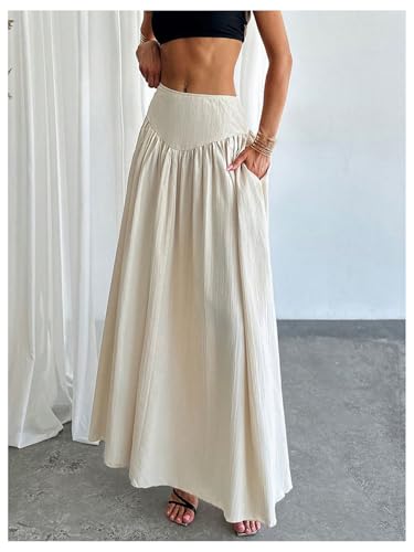 Milumia Women\'s Pleated Flowy Long Skirts High Waist Maxi Skirt with Pocket Apricot Large