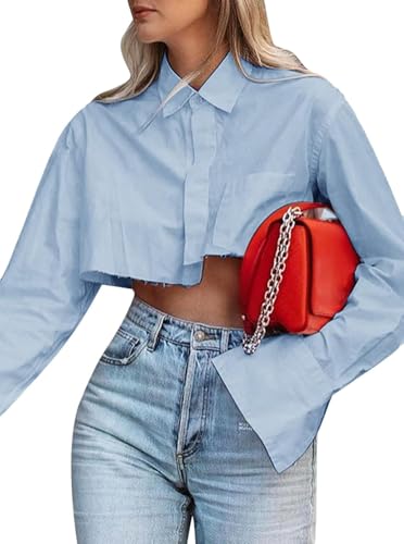 KACAOAC Women's Asymmetrical Hem Button Up Cropped Shirt Long Sleeve Collared Crop Top Blouse (Light Blue,xs)
