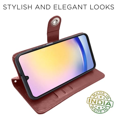 Image of Pikkme Samsung Galaxy A25 5G Flip Cover Leather Finish | Inside TPU with Card Pockets | Wallet Stand and Shock Proof | Magnetic Closing | Complete Protection Button Flip Case (Brown)