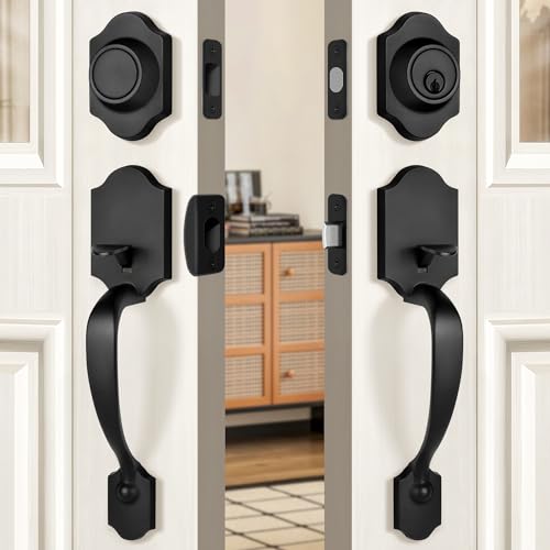 Gaurqiah Double Front Door Handleset with Deadbolt – Matte Black Classic Entry Handle Set with Dummy, Reversible Lever, Zinc Alloy, Exterior Lock Set