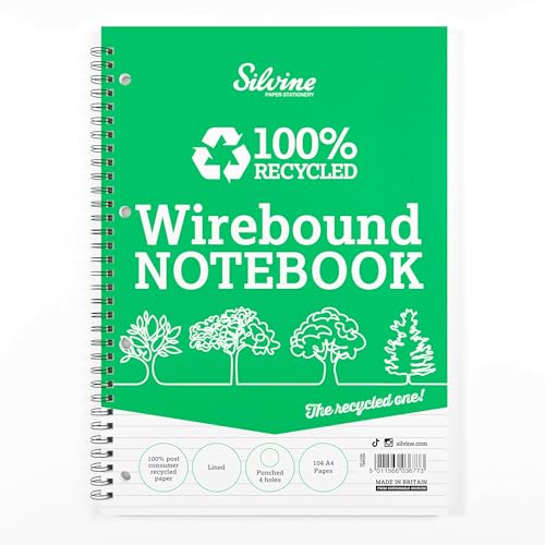 Silvine 104 Page A4 Everyday Recycled Wirebound Notebook, White, Ruled 8mm Feint