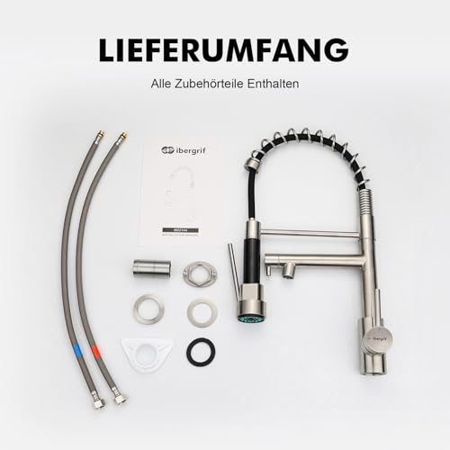 Ibergrif M22144A Küchenarmatur Ausziehbar mit Brause, Wasserhahn Küche Spiralfeder 360° Schwenkbar, Spültischarmatur Einhebelmischer 2 Strahlarten, Hochdruck Mischbatterie Edelstahl