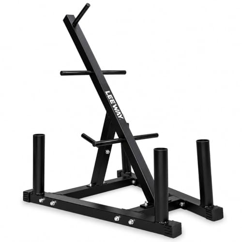 Image of LEEWAY Olympic Weight Plate Rack with Barbell Holders | Heavy Duty Gym Plate Storage Stand | 2-Inch & 1-Inch Plate Tree Stand Organizer for Home Gym | Compact Space Saving Equipment Rack (Weight Plate Rack)