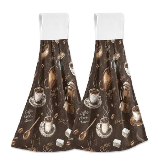 Tea Coffee Beans Theme Kitchen Hanging Towel Cafe Hand Tie Towels Set 2 Pcs Tea Bar Dish Cloths Dry Towel Soft Absorbent Durable for Bathroom Laundry Room Decor