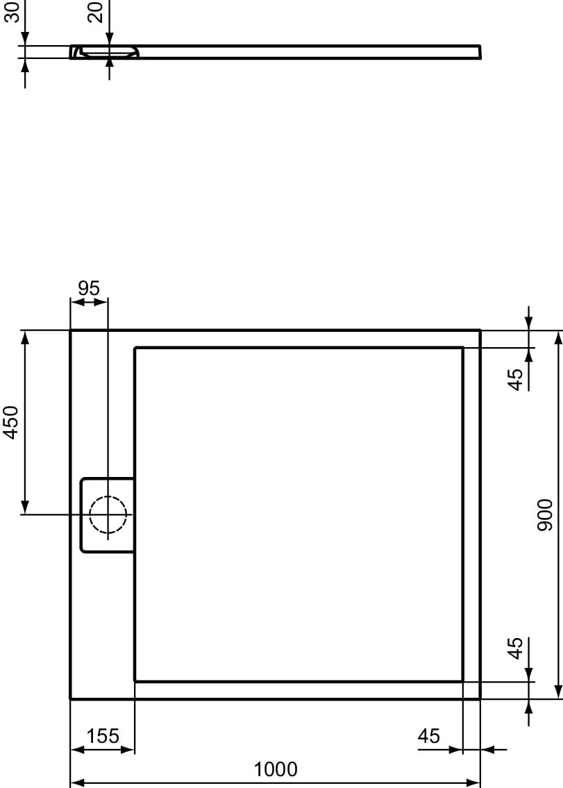 Ideal Standard - Ultra Flat S i.life, Piatto doccia rettangolare 100x90 in resina, Piletta di scarico lato corto, Finitura opaca effetto pietra, Grigio cemento