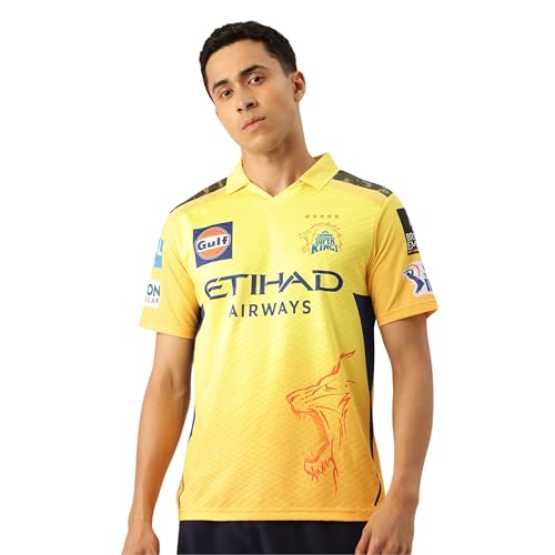 Image of playR x Chennai Super Kings Original Match Jersey IPL 2025 - Adult Dhoni 7 Half Sleeve CSK Cricket T-Shirt, Regular Fit Sportswear Tee for Training, Outdoor & Match Day Activewear for All Season