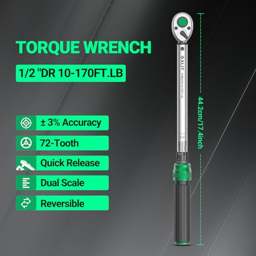 Image of 1 /2 inch Drive Click Torque Wrench, 10-170 Ft-Lb /13-230 Nm Dual-Direction Adjustable 72 Tooth Ratchet, ±3% Accuracy Heavy Duty Torque Wrench for Automotive Repair, Lug Nuts and Suspension Work
