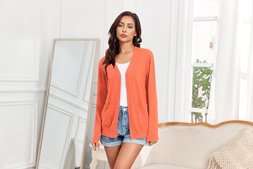 Image of Women's Lightweight Button Down Cardigan Sweaters Long Sleeve Classic V Neck Knit Soft Shrugs with Pocket