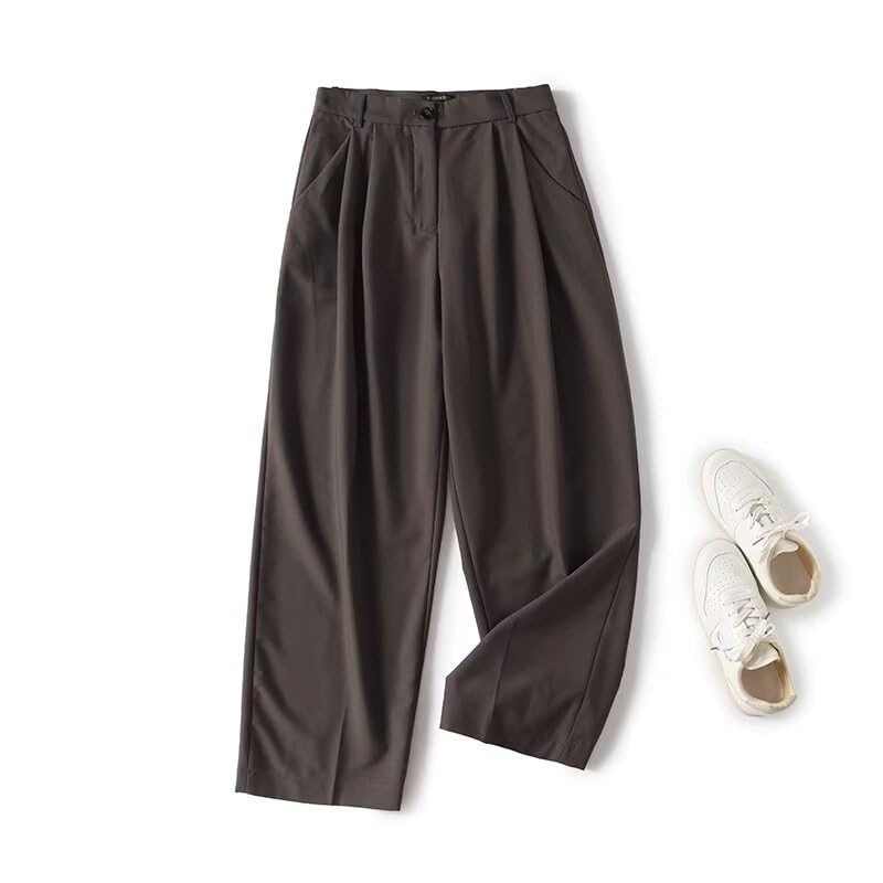 French Vintage Brown High Waisted Commuting Straight Leg Casual Trousers Minimalist Elegant Winter Pants for Women US Alpha