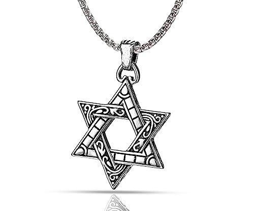 Only faith Collar Grueso Hombre Cadena grande Acero inoxidable Cadena Celta Gruesa Vintage colgante Cruz simbolo Nórdico Joya de Amuleto Protección largo 60 cm (Estrella de David)