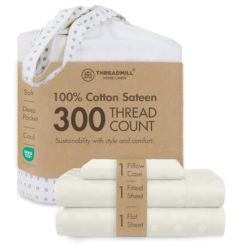 Image of Threadmill 300 Thread Count Cotton Twin XL Sheet Set, Sateen, Damask, Ivory