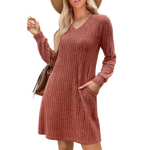 KOEMCY Robe Hiver Femme Tricoté Col en V à Manches Longues Chic Élégant Tunique avec Poches Robes Automne Hiver pour Fête Bureau Décontracté (Chocolat/S)