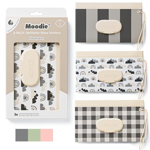 3PACK Baby Wipes Holder | Refillable Wipes Container w/DOUBLE-LOCK SEAL |Travel Wipe Case | Portable Wipe Dispenser | Reusable Wipes Pouch (Cloudy Grey 3 PACK)
