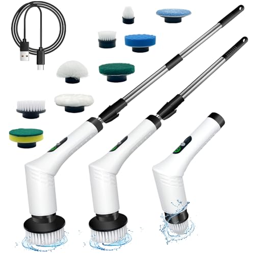 Spin Scrubber,9-In-1Multifunctional Cleaning Brush with Detachable Handle,9 Replaceable Brush Heads&LCD