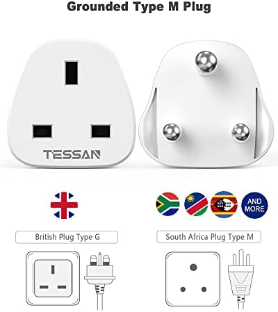 UK to South Africa Plug Adapter, TESSAN South Africa Power Adapter 2 Pack, Grounded Type M SA Plug Adapter, Travel Plug Adaptor UK to South Africa, Namibia, Swaziland, Lesotho,Bhutan,Botswana and More