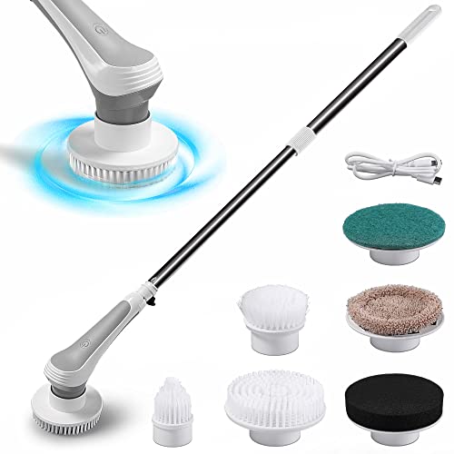 Sophinique Electric Spin Scrubber, Cordless Tub and Tile Scrubber, Waterproof Electric Cleaning Brush with 6 Replaceable Heads and Extendable Arm, Power Cleaning Brush for Bathroom Tile (White)