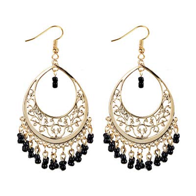 Bohemian Chandelier Coin Sequins Dangle Drop Earrings Ethnic Gypsy Beads Tassel Hoops With Disc Charms Boho Ear Jewelry Women-Black Beads #TOP2