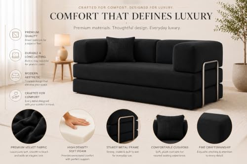 Image of 3 Seater Sofa Cum Bed with Soft Foam & Premium Velvet Fabric | Foldable Convertible Sofa Bed | Sturdy Metal Frame | Comfortable Cushions | Pre-Assembled | Black