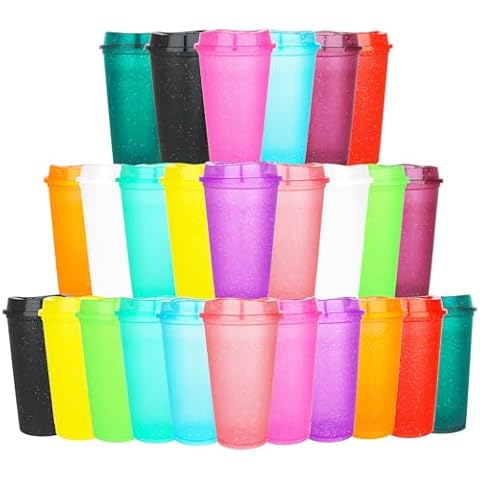 Ankeli 16 oz Coffee Cups with Lids,26 Pack Plastic Cups,Glitter Coffee Tumbler,Reusable Leak and Spill Proof,Bulk Party Tumblers Cover