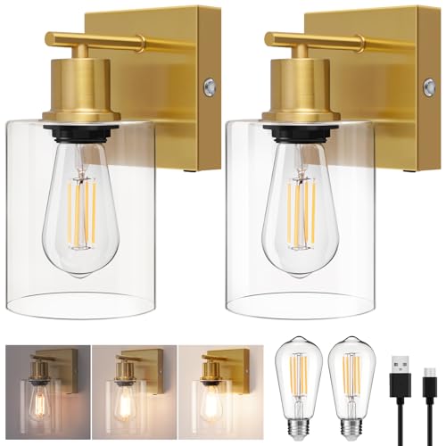 Brightever Battery Operated Wall Sconces Set of 2, Modern Brushed Brass Dimmable Wireless Rechargeable Wall Light for Bedroom, Vanity Light Fixture for Living Room Bathroom, Bulbs Included