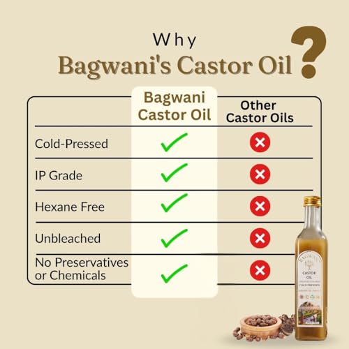 Image of Bagwani Cold Pressed Unbleached Castor Oil For Hair Growth - Glass Bottle 500ml, 100% Natural Haxene-Free Arandi Oil for Skin, Nails, Joint Pain Relief & Constipation | Extra Virgin & IP Grade Certified