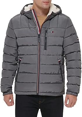 Tommy Hilfiger Men's Midweight Sherpa Lined Hooded Water Resistant Puffer Jacket, Charcoal Tech, XX-...