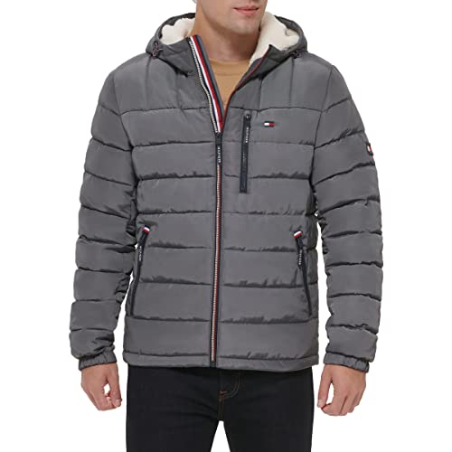 Tommy Hilfiger Men's Midweight Sherpa Lined Hooded Water Resistant Puffer Jacket, Charcoal Tech, Medium by Tommy Hilfiger - Used condition - US$53.88