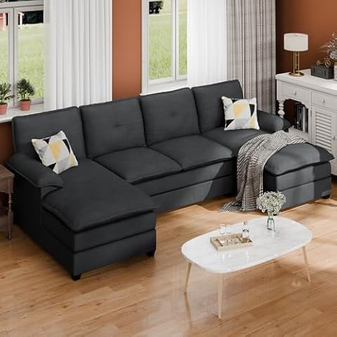SUNLEI 110" U-Shaped Living Room Furniture Set, 4 Seat Sectional Sofa with Double Chaise for Living Room, Modern Fabric Modular Couch Sleeper for Apartment, Black Cover