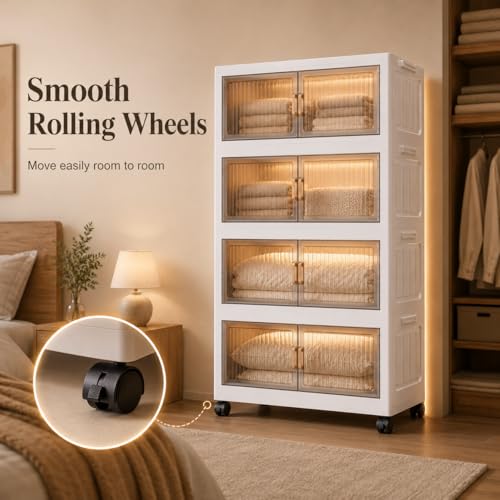 Image of KRISHYAM Modular Plastic Storage Cabinet with Translucent Doors & Wheels | Multi-Tier Clothes & Utility Organizer | Dustproof Freestanding Wardrobe (4 Layer - 4 Transparent Door (White))