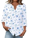 Zeagoo Womens Cotton Tops for Women Dressy Fashion Outfit 3/4 Sleeve Button Down Shirts White Floral Work Blouses M