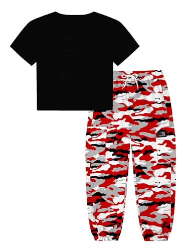 Image of Betusline Girls 2 Piece Set, Black Cute Short Sleeve Crop Tops + Red Camo Cargo Jogger Pants Clothes, 11-12Y = Tag 160
