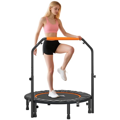 HOMCOM Trampolín de Fitness Adultos Ø102 cm, Cama Elástica Plegable con Mango Ajustable de 4 Niveles, Marco de Acero, para Entrenamiento Piernas, Cuerpo en Hogar, Oficina, Gimnasio, Negro y Naranja