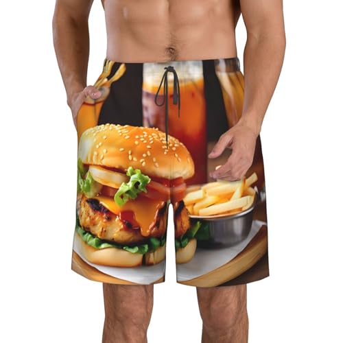 Men's Beach Shorts Swim TrunksFun Patterns Chicken Leg Burger Drink Print for Surfing Running Summer Vacation