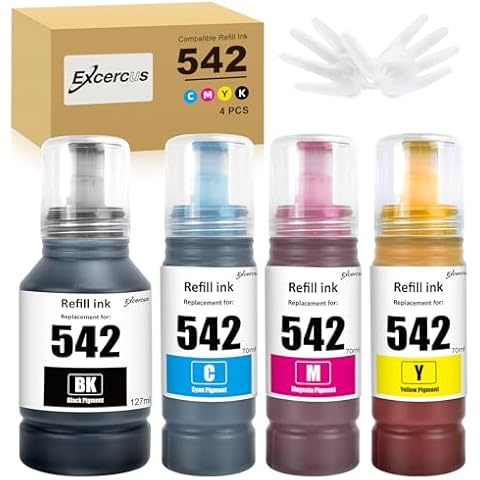 EXCERCUS 542 Ink Refill Bottle for Epson T542 Pigment Ink Compatible with Epson 16600 ET-5800 ET-5850 ET-5880 ET-16650 ST-C8000 ST-C8090 Printers (1Black, 1Cyan, 1Magenta, 1Yellow) Cover
