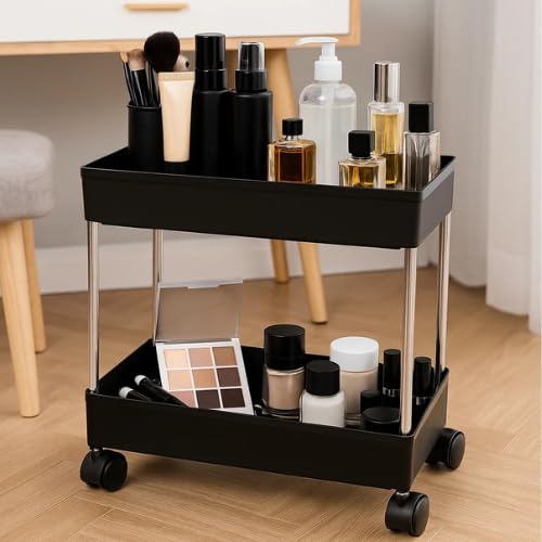 Image of Multipurpose 2-Tier Storage Shelf, Storage Rack with Wheels, Storage Organizer Cart for Kitchen, Pantry Closet, Bedroom, Bathroom(2 Layer,Black)