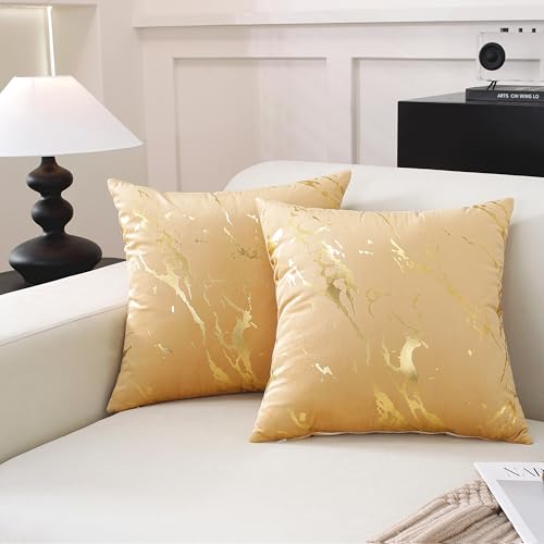 TAOSON Pack of 2,Velvet Marble Pattern Lines Geometric Bronzing Printed Cozy Soft Throw Pillow Cases Cushion Covers Shells for Sofa Couch Bed Home Decoration 18 x 18 Inches, Gold and Gold