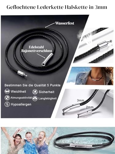 ChainsHouse Männer Halskette 3mm Lederband Kette mit Verschluss Herren Leder Lederband Schwarz Halskette 46cm Geflochtene Lederkette Schwarz Herren Kunstlederband Halsband Schmuck für Valentinstag