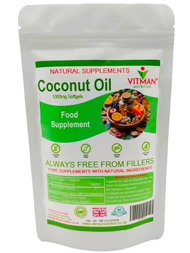 Coconut Oil 1000mg x 60 Pure Natural Softgels, High Potency Supplement, Extra Virgin Coconut Oil Capsules for Skin & Hair - Cold Pressed Oil for Optimal Anti Ageing